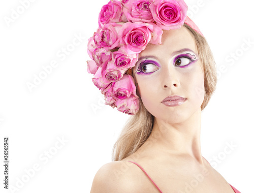 young beautiful woman with pink flowers