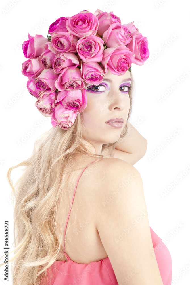 young beautiful woman with pink flowers