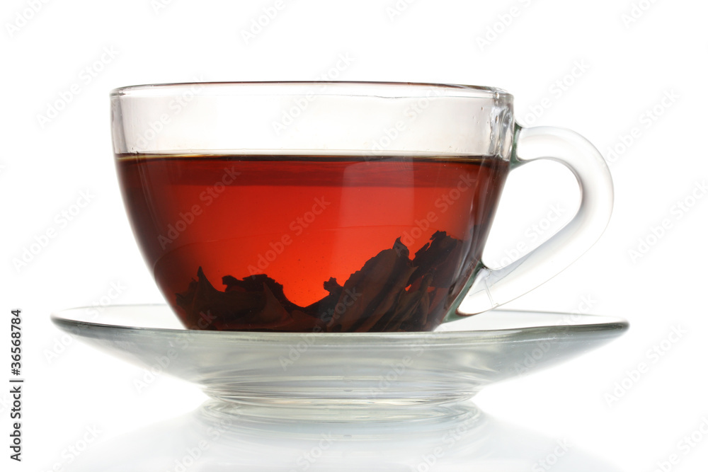 Black tea in glass cup isolated on white Black tea in glass cup isolated on white