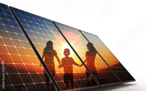 Isolated Photovoltaic cells, children walking hand in hand photo