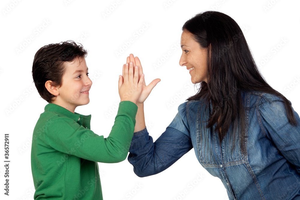 Adorable mother and her son making a handshake Adorable mother and her son making a handshake