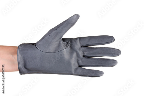 women hand in gray leather glove isolated on white