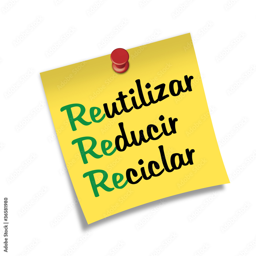 Post-it con chincheta texto Reutilizar Reducir Reciclar Post-it con chincheta texto Reutilizar Reducir Reciclar