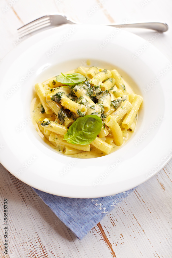 Sedani rigati with blue cheese sauce and spinach Sedani rigati with blue cheese sauce and spinach