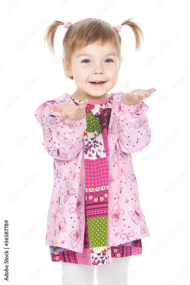 Picture of happy little girl in a pink raincoat over white Picture of happy little girl in a pink raincoat over white
