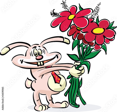 Pink rabbit with bunch of flowers