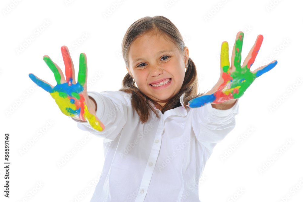 smiling girl with the palms painted by a paint. smiling girl with the palms painted by a paint.