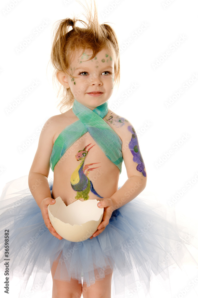 Little child with painted body. Isolated on white