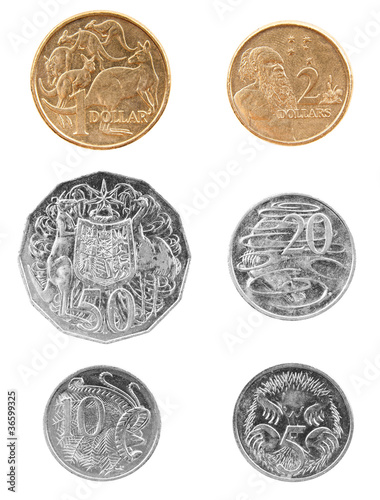 Australian coins currency isolated with different money values including one dollar, two dollar, fifty cent, 20 cent, 10 cent and five cent silver and gold coins photo