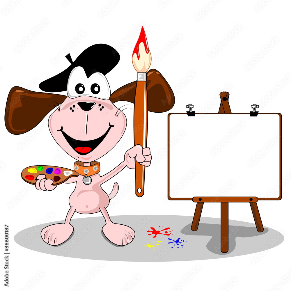 cartoon dog artist with paintbrush and easel with copy space Stock