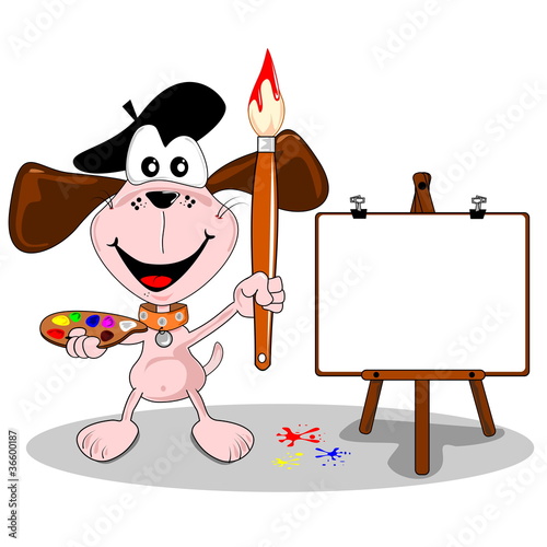 cartoon dog artist with paintbrush and easel with copy space