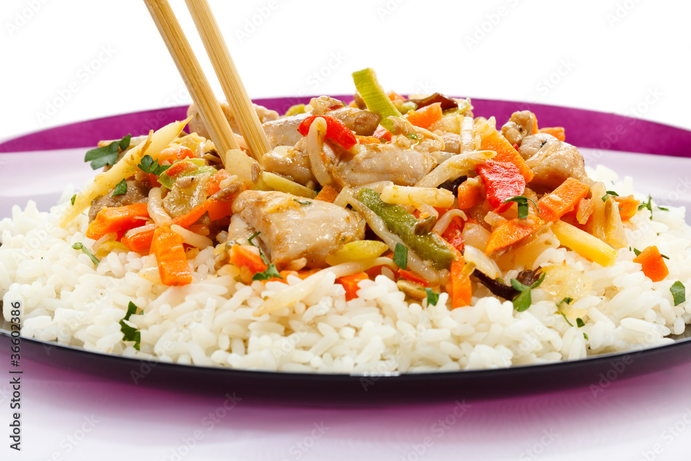 Asian food - chicken with vegetables and rice Asian food - chicken with vegetables and rice