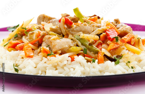 Asian food - chicken with vegetables and rice