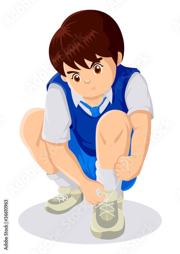 Cartoon illustration of child tying shoelaces