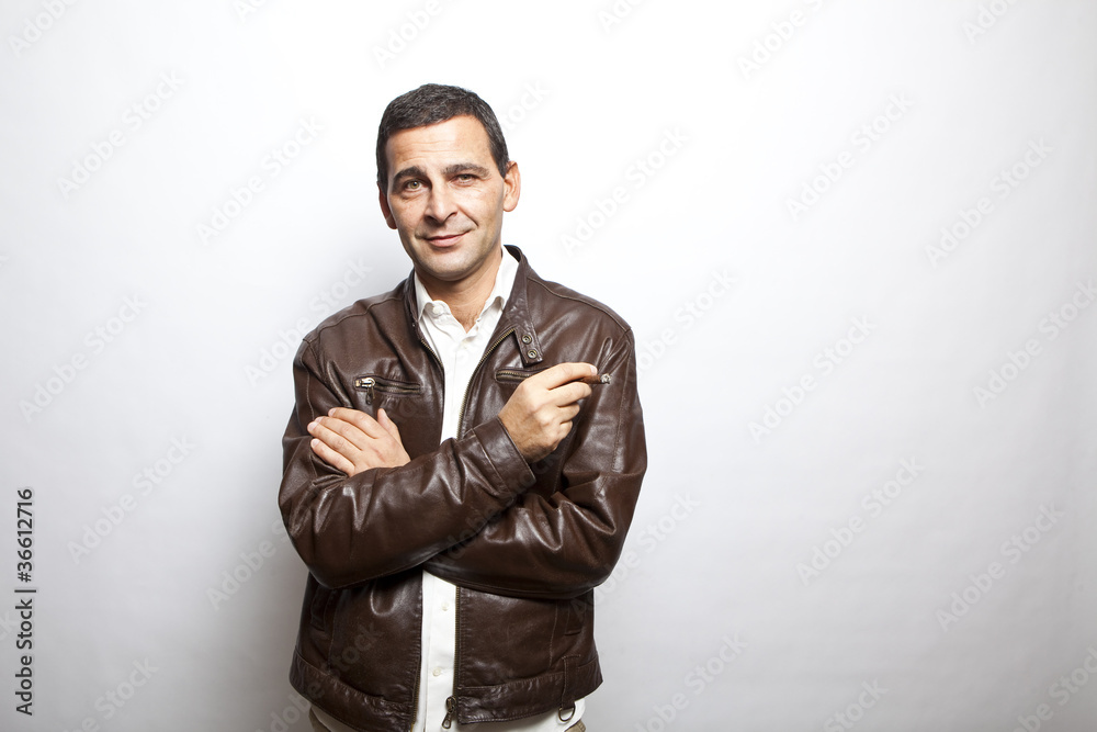 portrait of a cool mature man with leather jacket over white bac portrait of a cool mature man with leather jacket over white bac