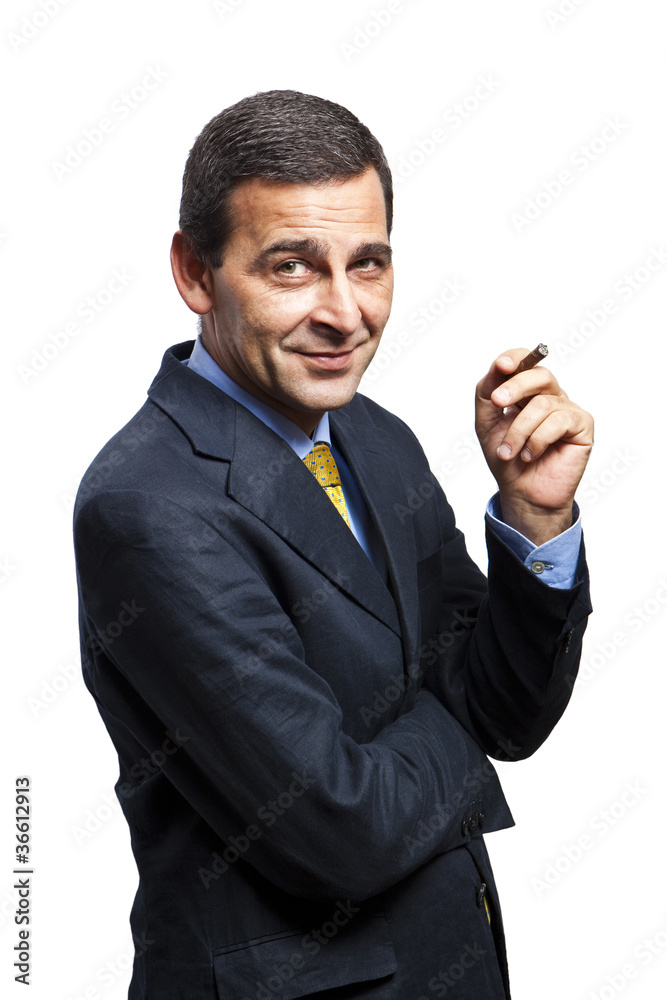 Portrait of confident businessman smoking a cigar, white backgro