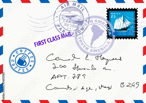 Air mail envelope with stamps and letters, vector