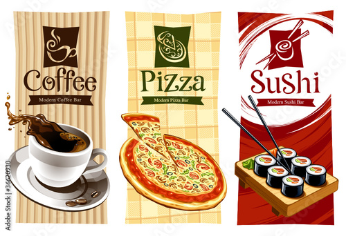 Template designs of food banners. Coffee, pizza and sushi. #36620930
