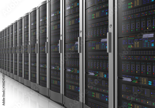 Row of network servers in datacenter