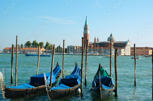 Gondolas with St Georges Island in Venice Italy