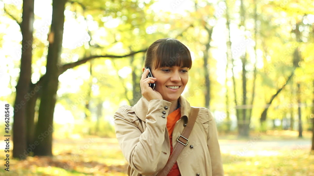 Attractive woman talking on mobile phone in autumn park Attractive woman talking on mobile phone in autumn park