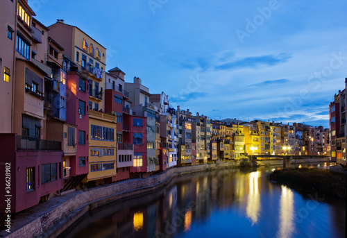 old town of Girona at night, Spain