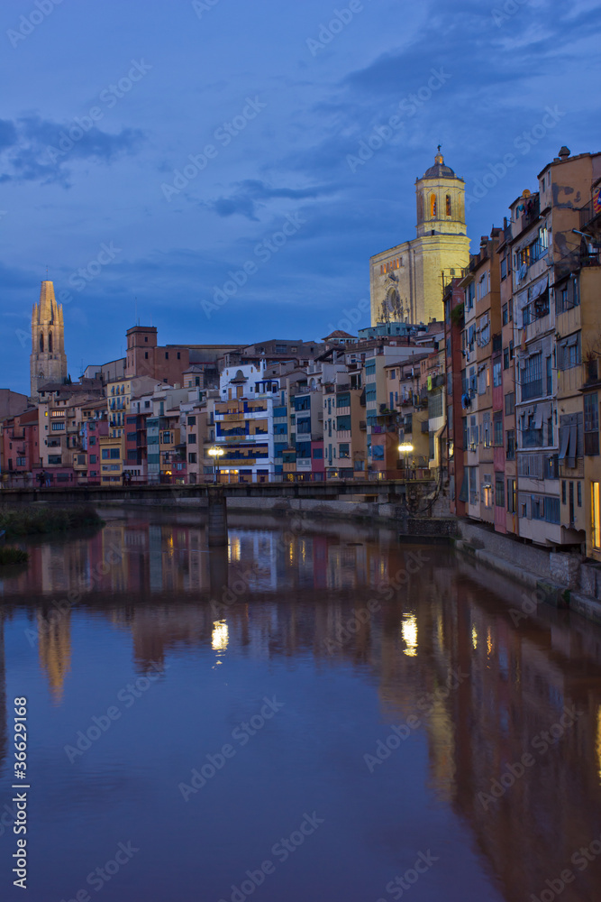 old town with cathedralof Girona at night, Spain