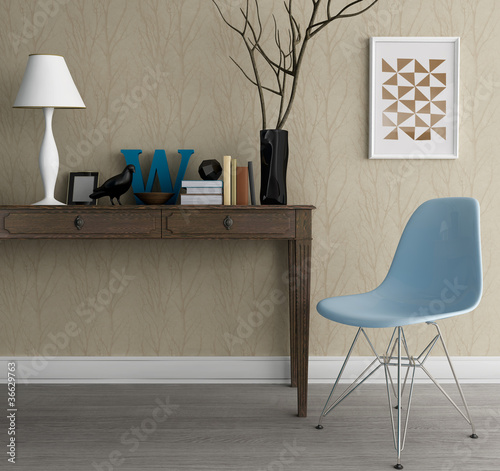 Fototapeta Naklejka Na Ścianę i Meble -  Console table with modern classic chair wood floor and wallpaper