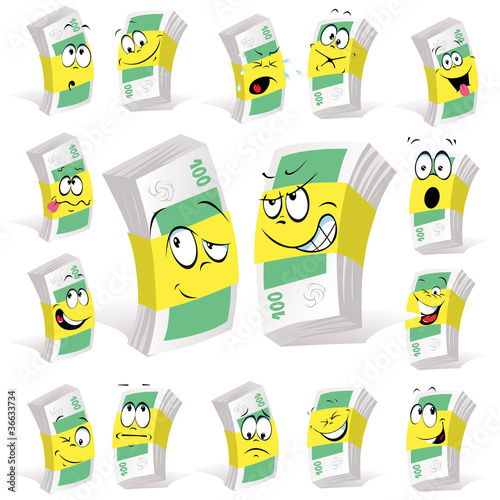 aper money cartoon with many expressions
