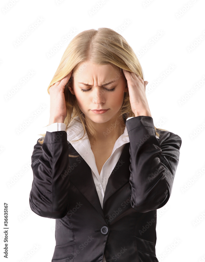 Young woman suffering a headache over white background Young woman suffering a headache over white background