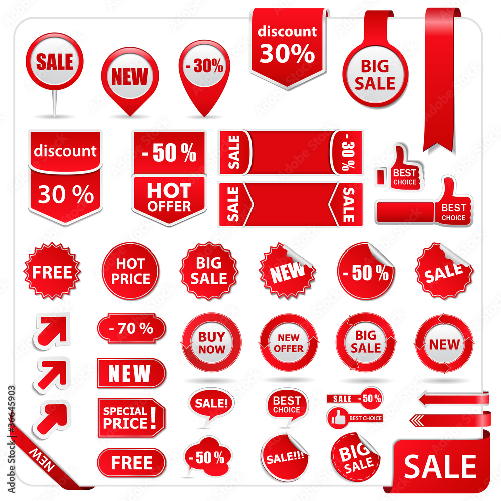 Vector red price tags, labels, stickers, arrows and ribbons Stock