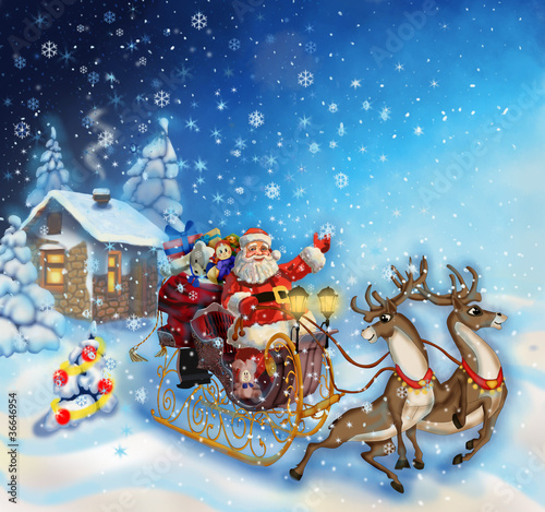 Christmas illustration of Santa Claus in a sleigh with reindeer