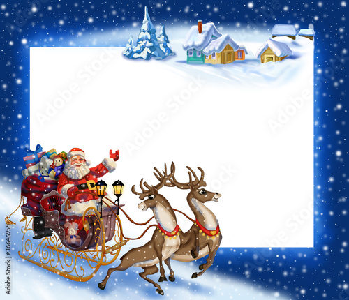 Christmas background with Santa Claus in a sleigh with reindeer