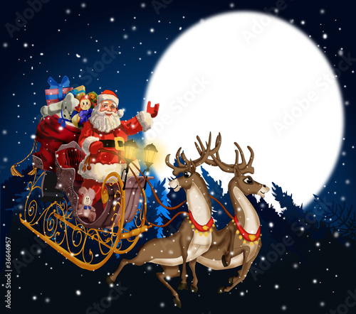 Illustration of Santa Claus in a sleigh with reindeer