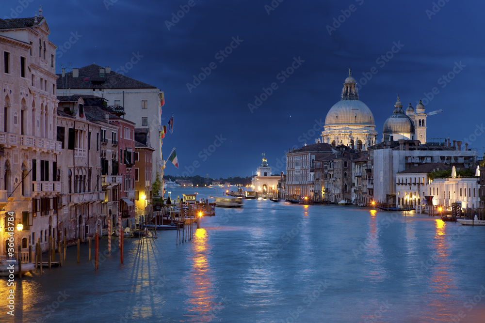 View on Grand Canal from Academy bridge in Venice at night