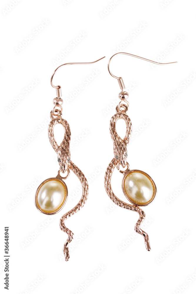 beautiful gold earrings with pearls isolated on white beautiful gold earrings with pearls isolated on white