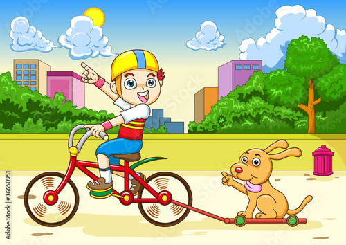 boy and dog Riding a bicycle