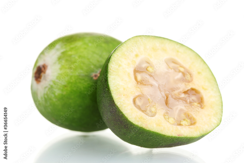 slsed feijoa fruit, isolated on white