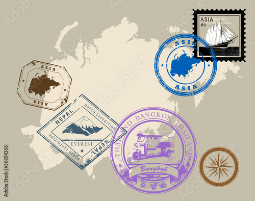 Set of rubber stamps of theme Asia, vector