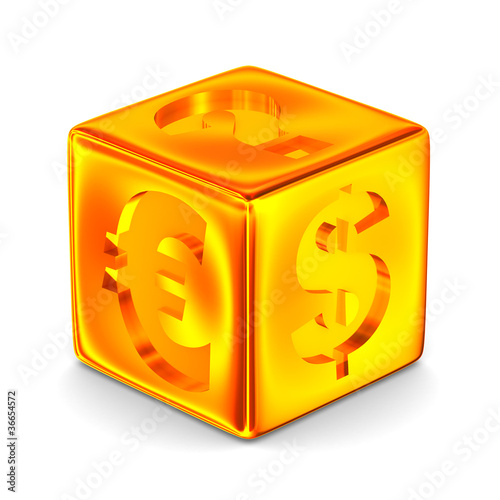 Cube with currency signs. I...