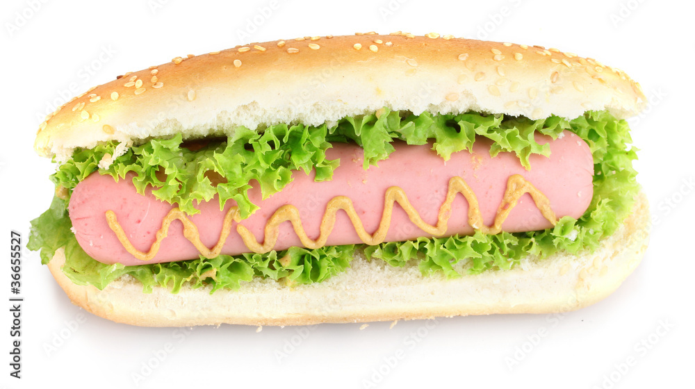 Delicious hot dog with mustard and lettuce isolated on white Delicious hot dog with mustard and lettuce isolated on white