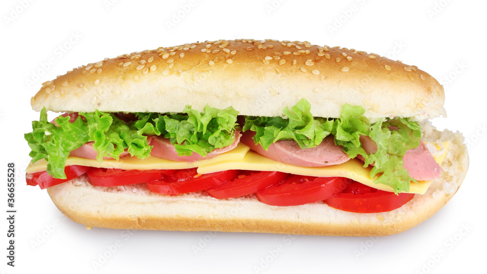 Sandwich with sausage, cheese and tomatoes isolated on white Sandwich with sausage, cheese and tomatoes isolated on white