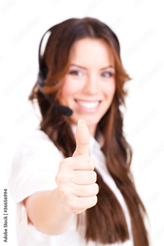 junge Frau mit Headset und Daumen Hoch Geste junge Frau mit Headset und Daumen Hoch Geste