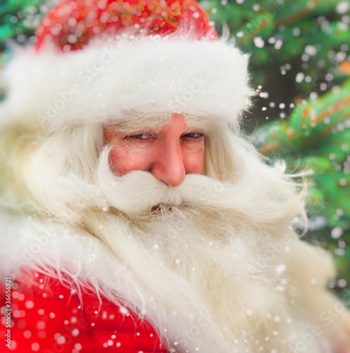 Santa Claus portrait smiling against christmas tree outdoor in s