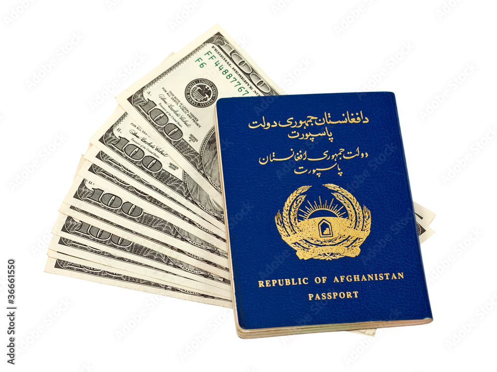 Afghanistan passport and money isolated on white background Afghanistan passport and money isolated on white background