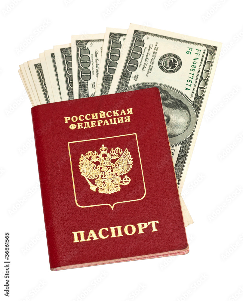 Russian passport and US dollars over white Russian passport and US dollars over white