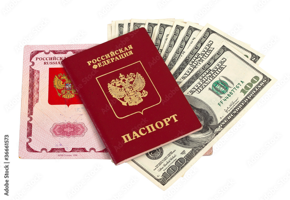 Russian passport and US dollars over white Russian passport and US dollars over white