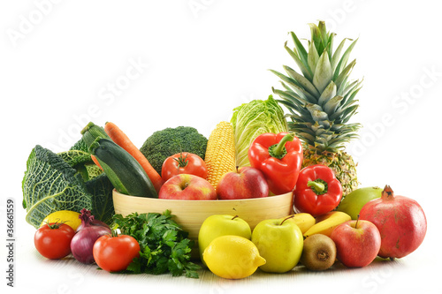 Composition with vegetables and fruits isolated on white