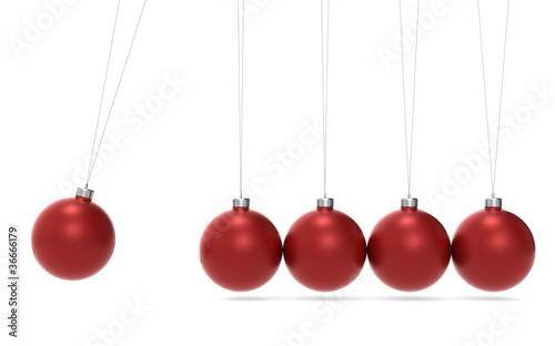 Newtons cradle Christmas Edition. Red balls. Side View