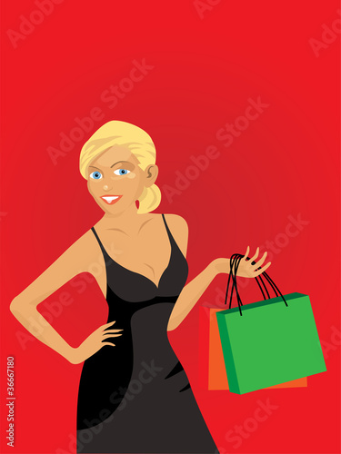 vector illustration of a blonde shopping girl in black dress